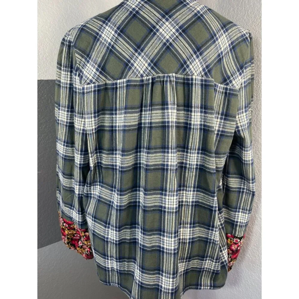 Savanna Jane Plaid Floral Embroidered Peasant Blouse L Green Cottagecore Boho